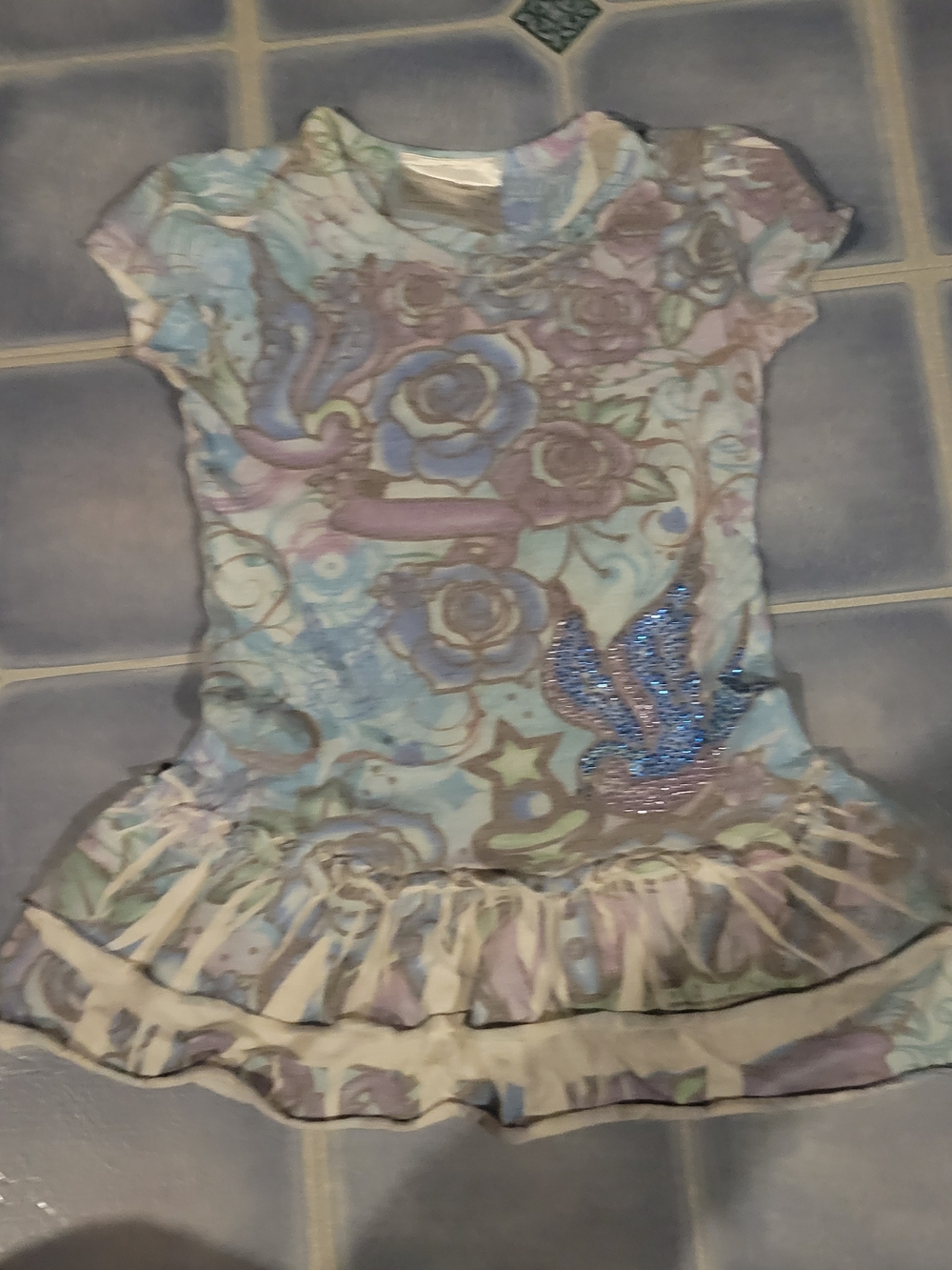 Beautees Blue Floral Short Sleeve Top with Sequin Detail